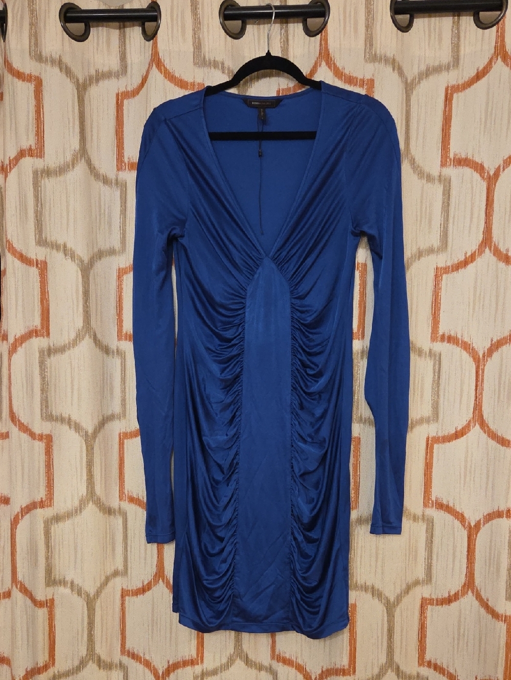 BCBGMaxAzria Royal Blue Long Sleeve Ruched V-Neck Dress